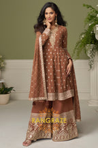 Mocha Pure Georgette Hand Embroidered Sharara Suit Set