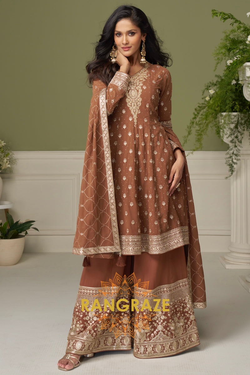 Mocha Pure Georgette Hand Embroidered Sharara Suit Set
