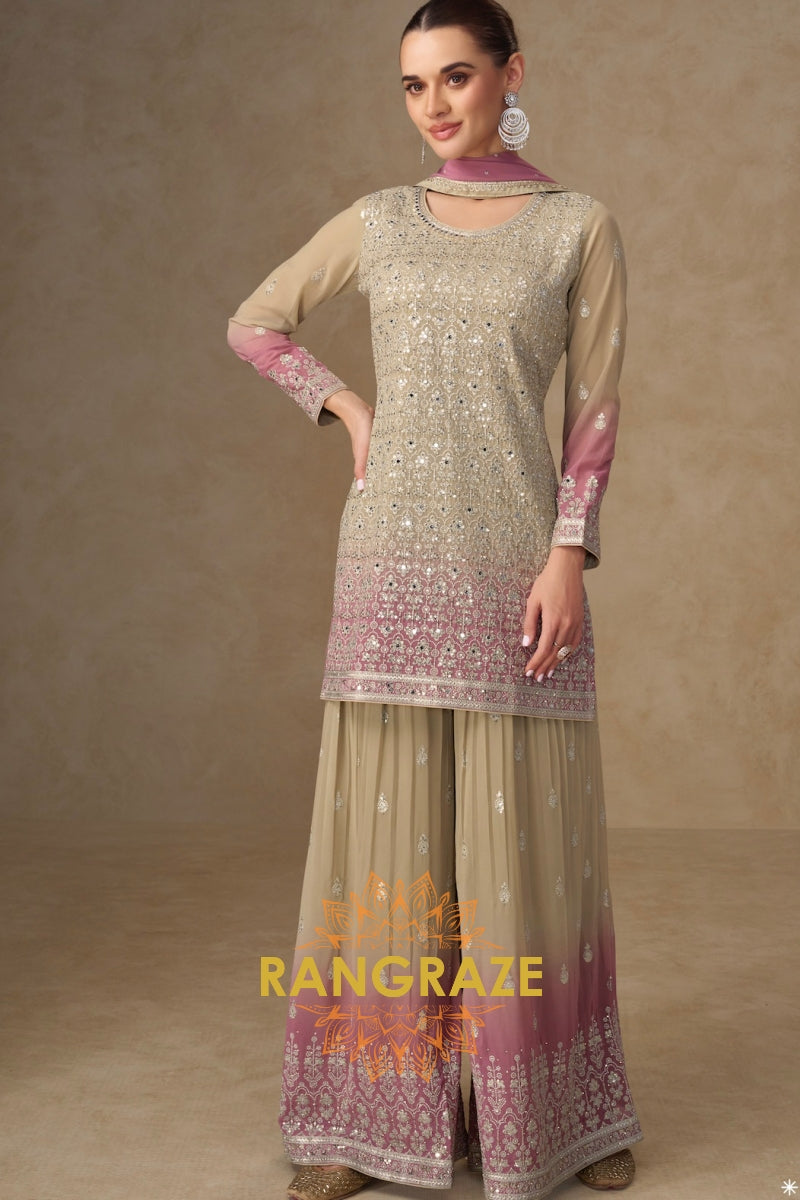 Ivory Rose Pure Georgette Hand Embroidered Sharara Suit Set