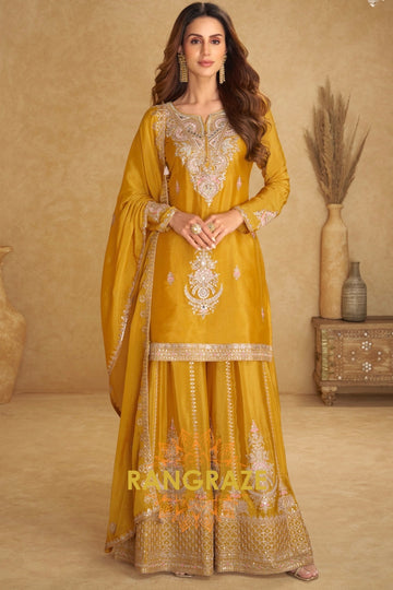 Mustard Gold Pure Chinnon Suit Set with Hand Embroidery