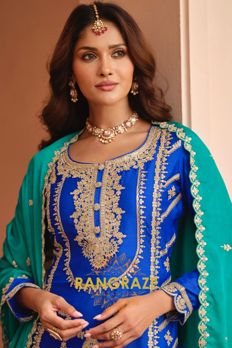 Royal Sapphire Pure Chinnon Suit Set with Hand Embroidery