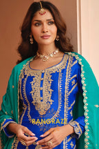 Royal Sapphire Pure Chinnon Suit Set with Hand Embroidery