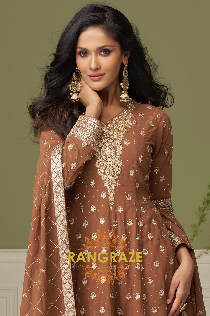 Mocha Pure Georgette Hand Embroidered Sharara Suit Set