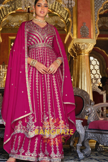 Fuchsia Royale Chinnon Anarkali Suit Set with Hand Embroidery
