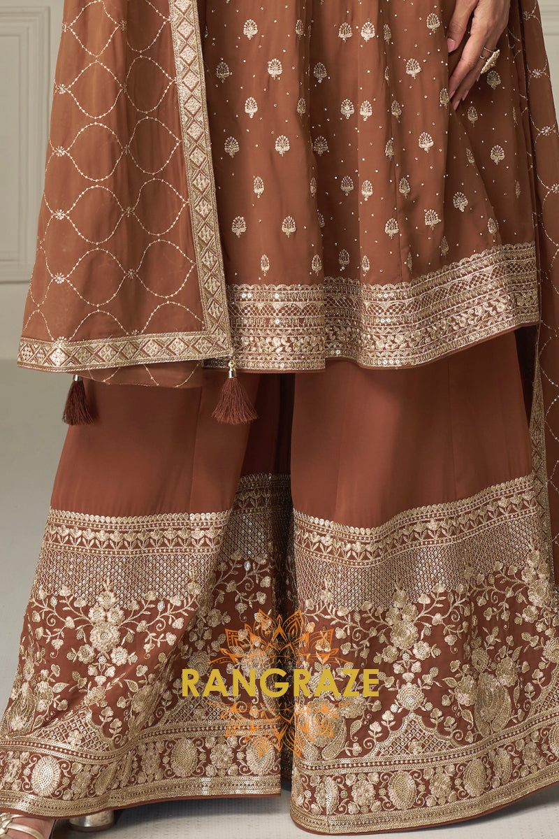 Mocha Pure Georgette Hand Embroidered Sharara Suit Set