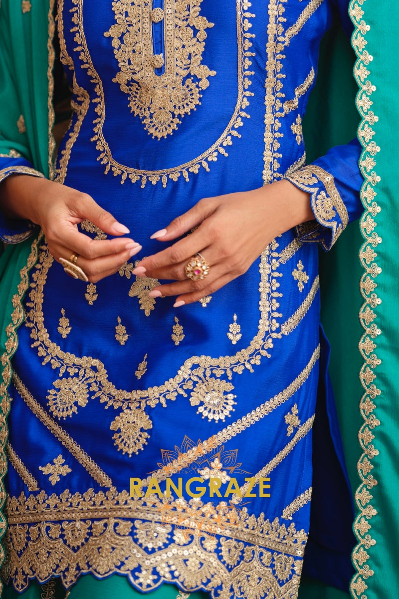 Royal Sapphire Pure Chinnon Suit Set with Hand Embroidery