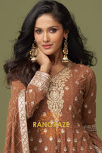 Mocha Pure Georgette Hand Embroidered Sharara Suit Set