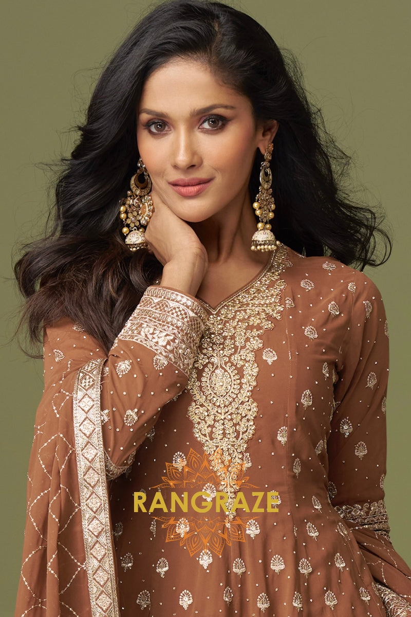 Mocha Pure Georgette Hand Embroidered Sharara Suit Set