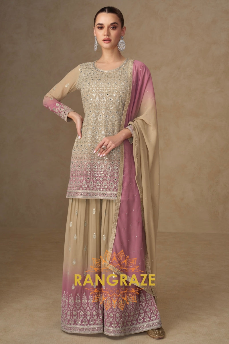 Ivory Rose Pure Georgette Hand Embroidered Sharara Suit Set