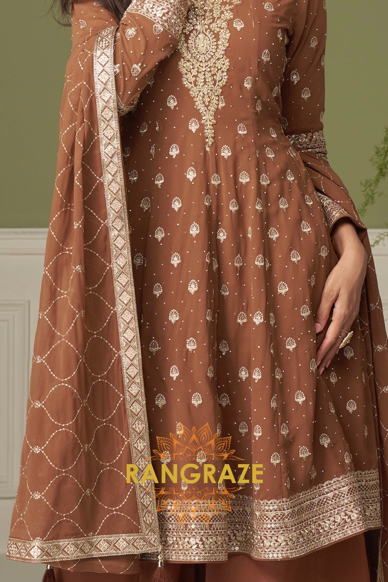 Mocha Pure Georgette Hand Embroidered Sharara Suit Set