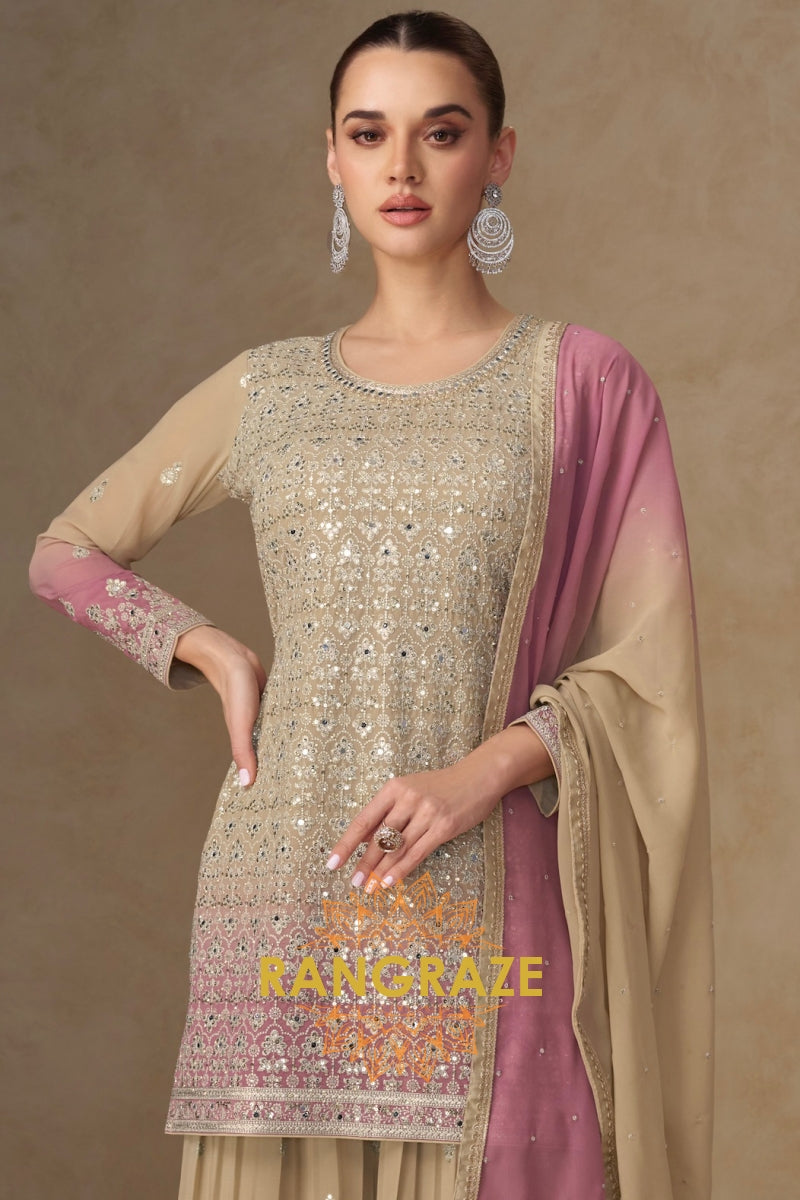 Ivory Rose Pure Georgette Hand Embroidered Sharara Suit Set
