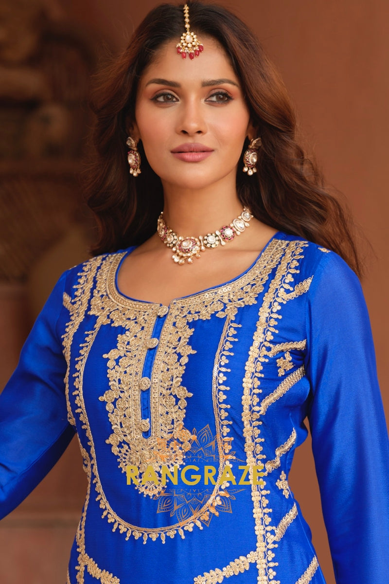 Royal Sapphire Pure Chinnon Suit Set with Hand Embroidery