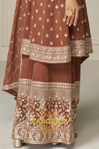 Mocha Pure Georgette Hand Embroidered Sharara Suit Set