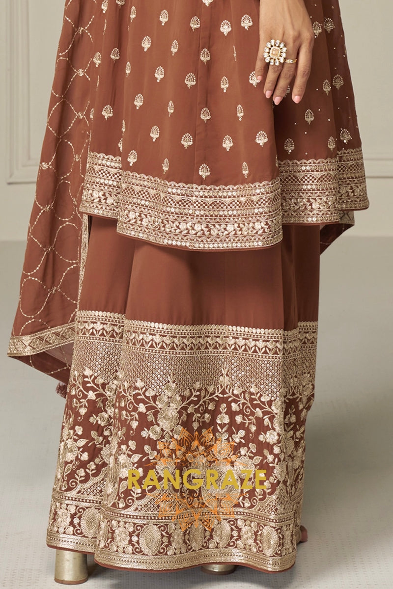 Mocha Pure Georgette Hand Embroidered Sharara Suit Set