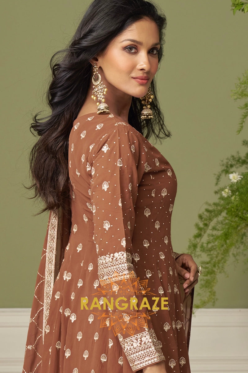 Mocha Pure Georgette Hand Embroidered Sharara Suit Set