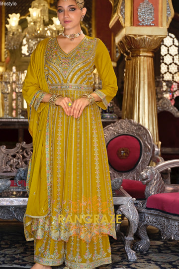 Mustard Gilded Chinnon Anarkali Suit Set with Hand Embroidery