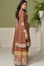 Mocha Pure Georgette Hand Embroidered Sharara Suit Set