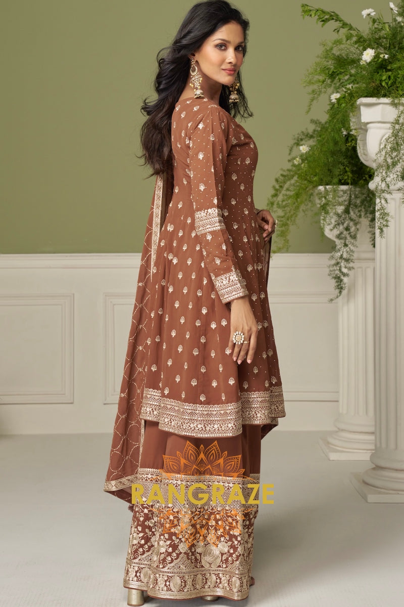 Mocha Pure Georgette Hand Embroidered Sharara Suit Set