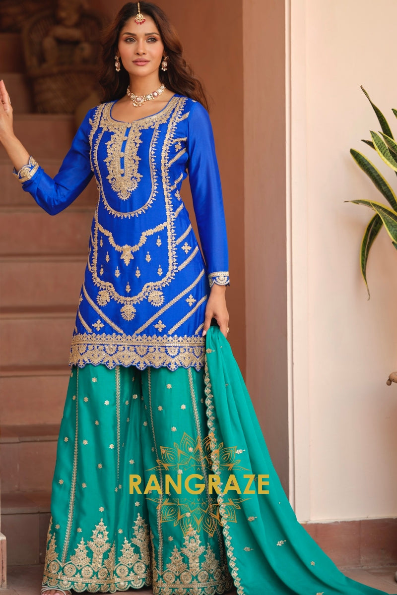 Royal Sapphire Pure Chinnon Suit Set with Hand Embroidery