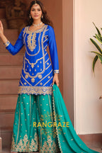 Royal Sapphire Pure Chinnon Suit Set with Hand Embroidery