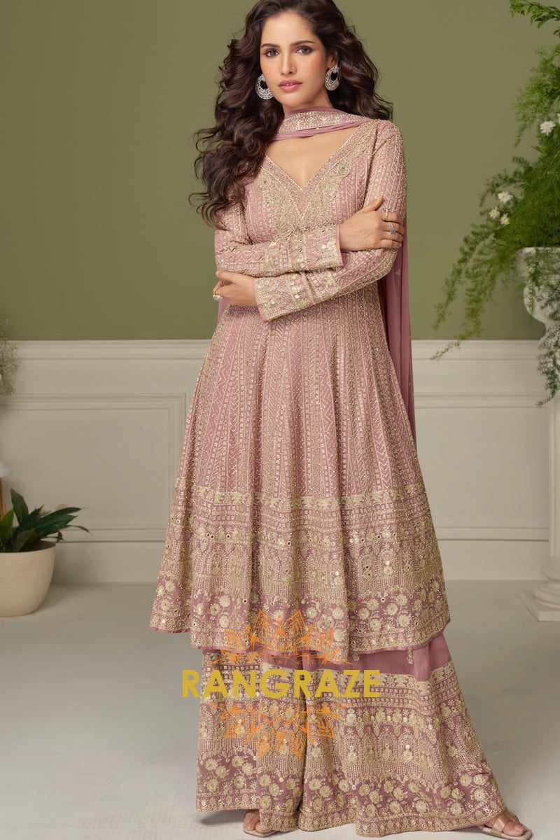 Blush Mauve Pure Georgette Hand Embroidered Sharara Suit Set