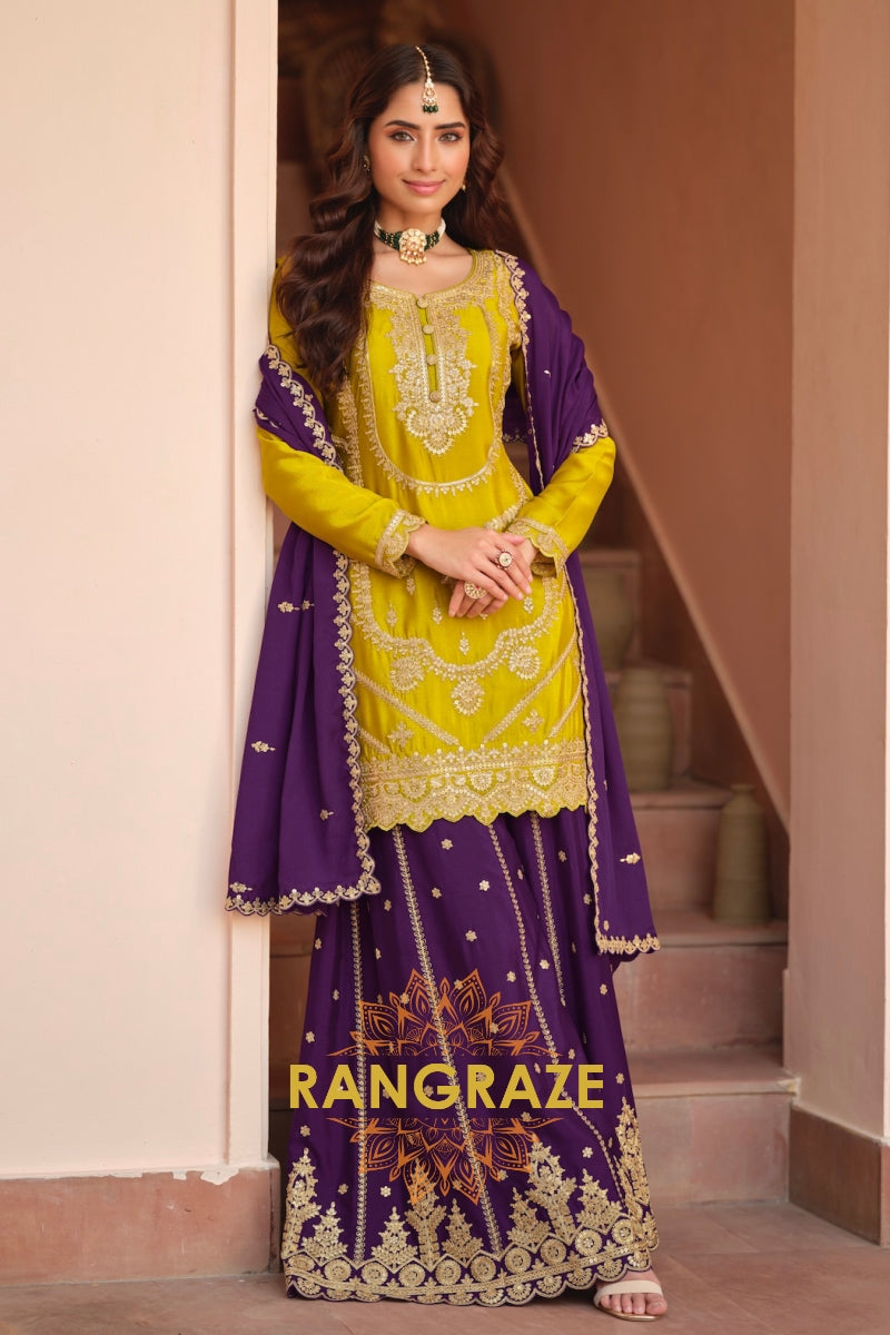 Royal Amber & Purple Pure Chinnon Suit Set with Hand Embroidery