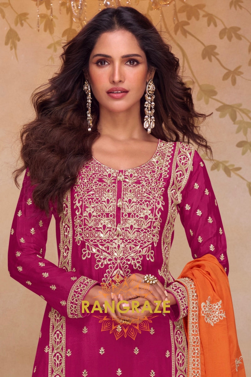 Wine & Orange Pure Chinnon Hand Embroidered Suit Set