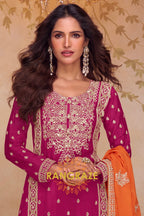 Wine & Orange Pure Chinnon Hand Embroidered Suit Set