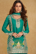 Emerald Teal Pure Chinnon Suit Set with Hand Embroidery
