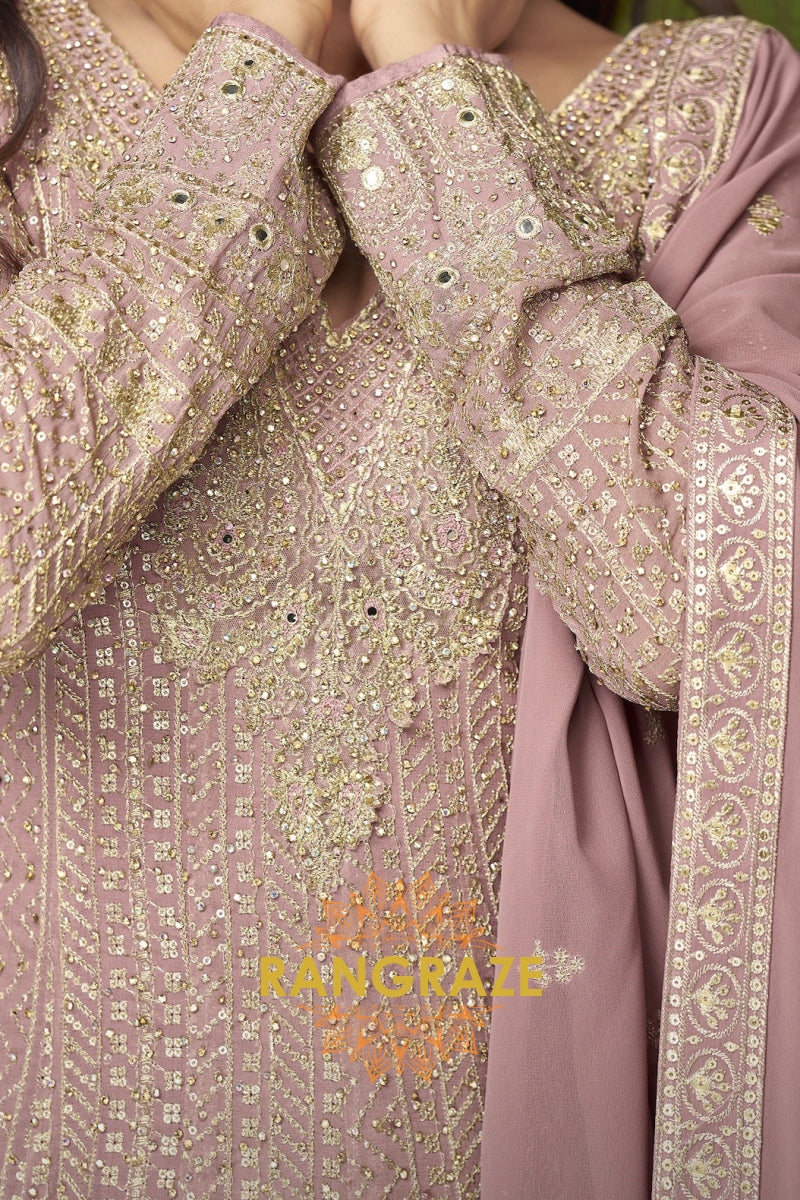 Blush Mauve Pure Georgette Hand Embroidered Sharara Suit Set
