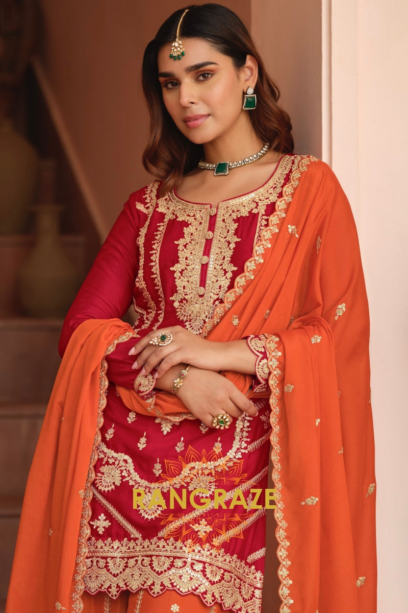 Ruby Ember Pure Chinnon Suit Set with Hand Embroidery