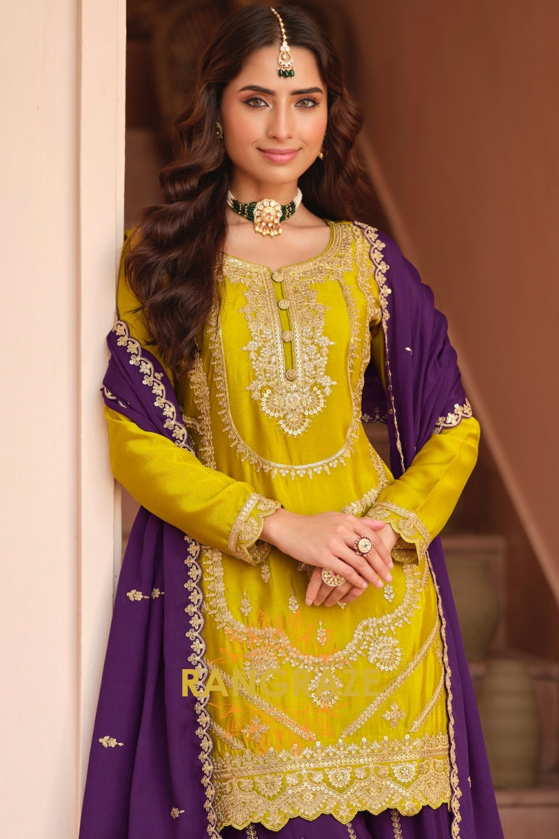 Royal Amber & Purple Pure Chinnon Suit Set with Hand Embroidery