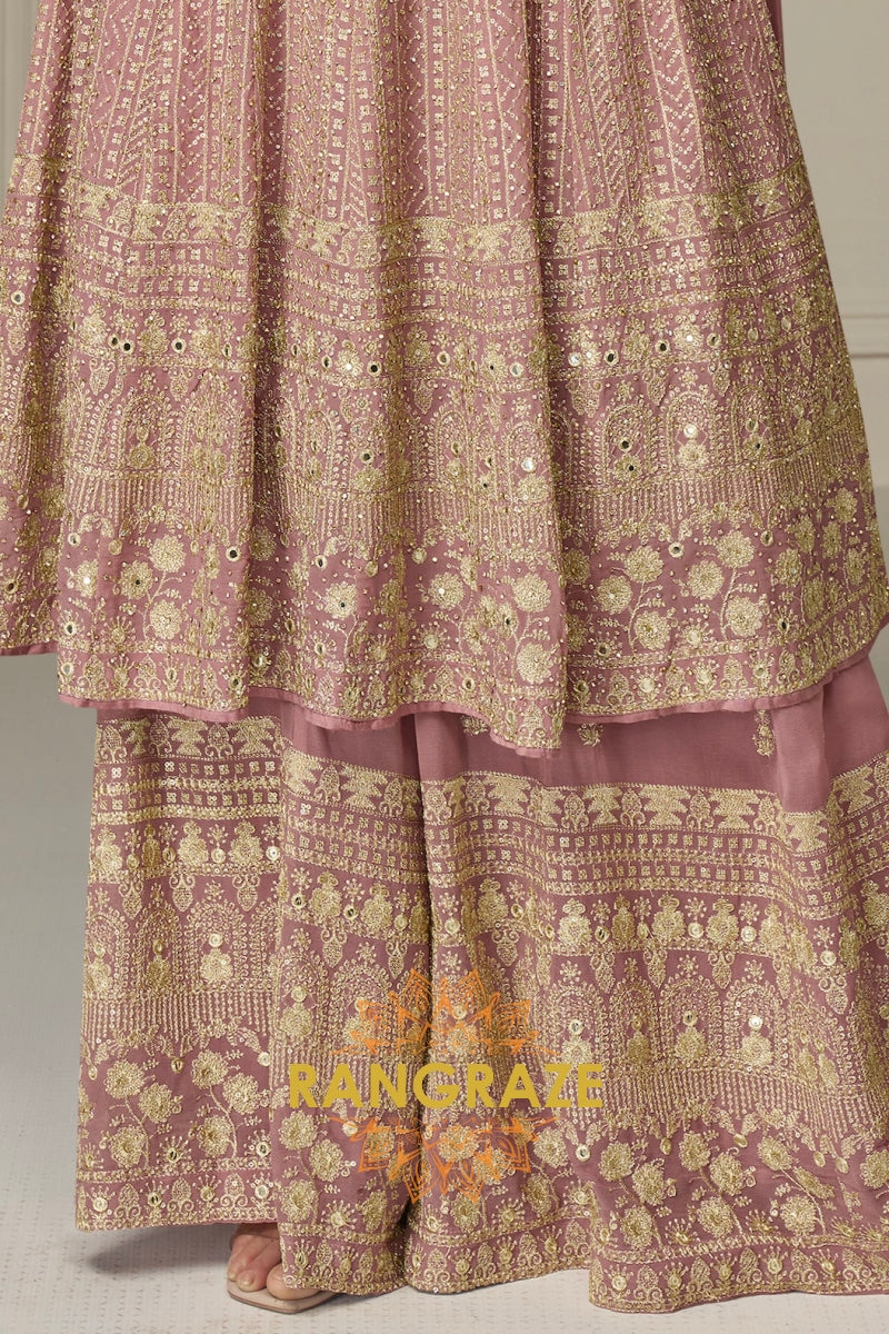 Blush Mauve Pure Georgette Hand Embroidered Sharara Suit Set