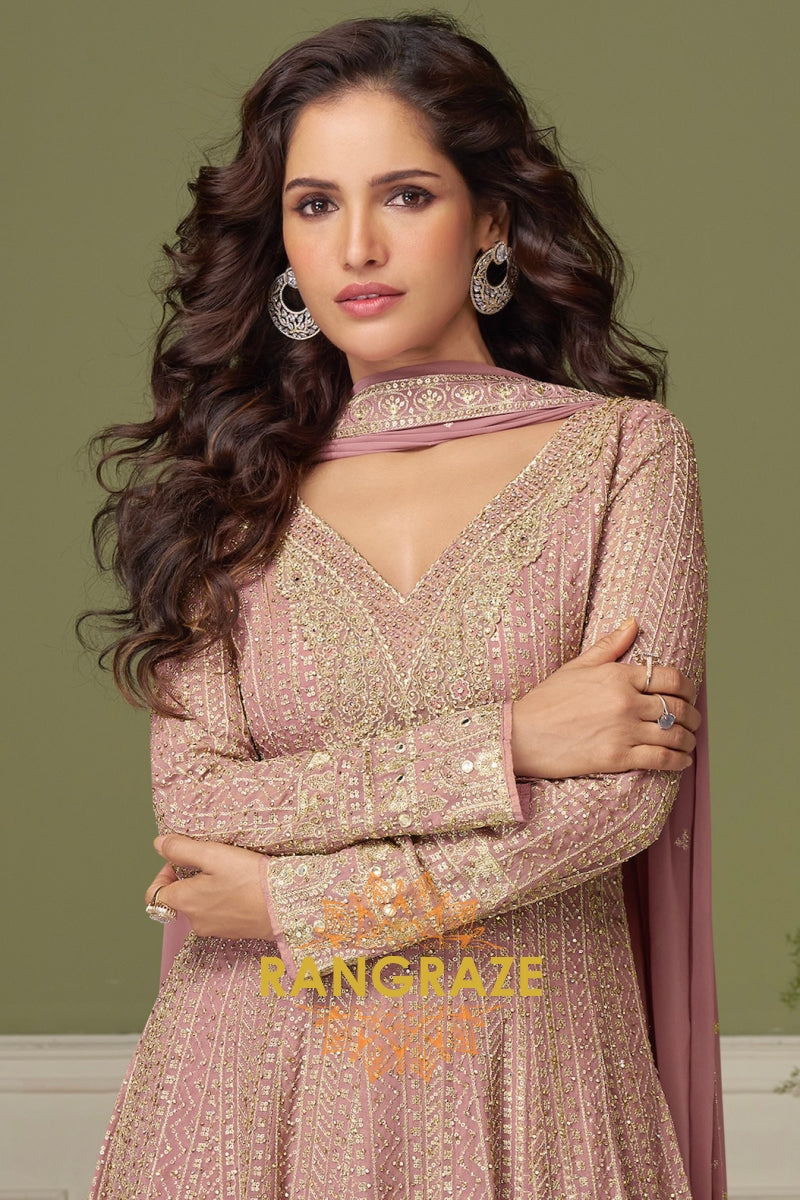 Blush Mauve Pure Georgette Hand Embroidered Sharara Suit Set