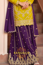 Royal Amber & Purple Pure Chinnon Suit Set with Hand Embroidery