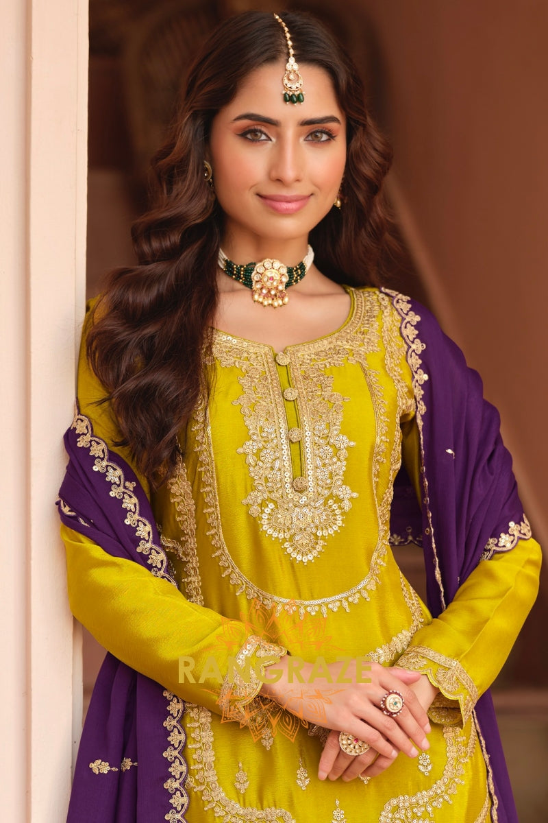 Royal Amber & Purple Pure Chinnon Suit Set with Hand Embroidery