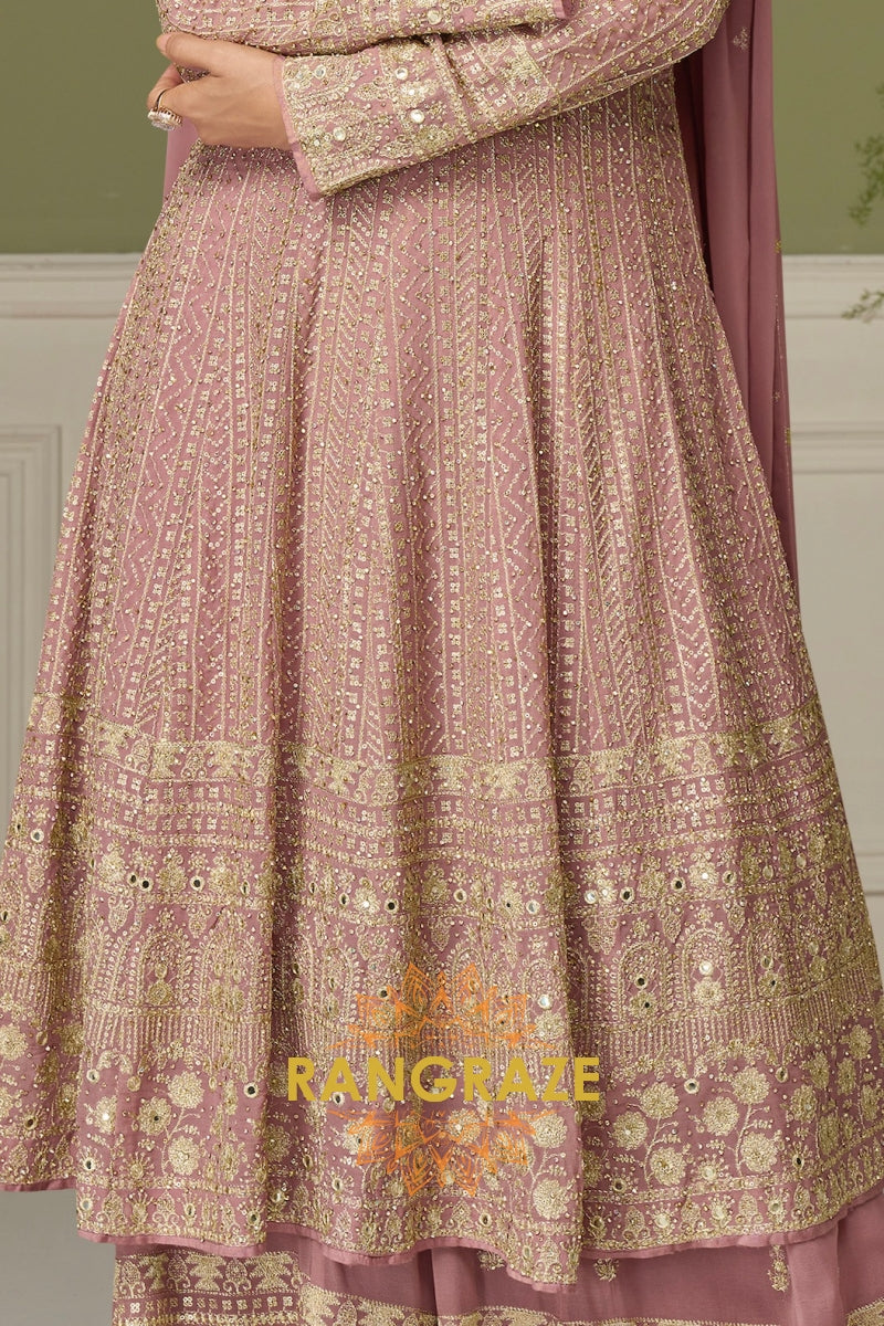 Blush Mauve Pure Georgette Hand Embroidered Sharara Suit Set