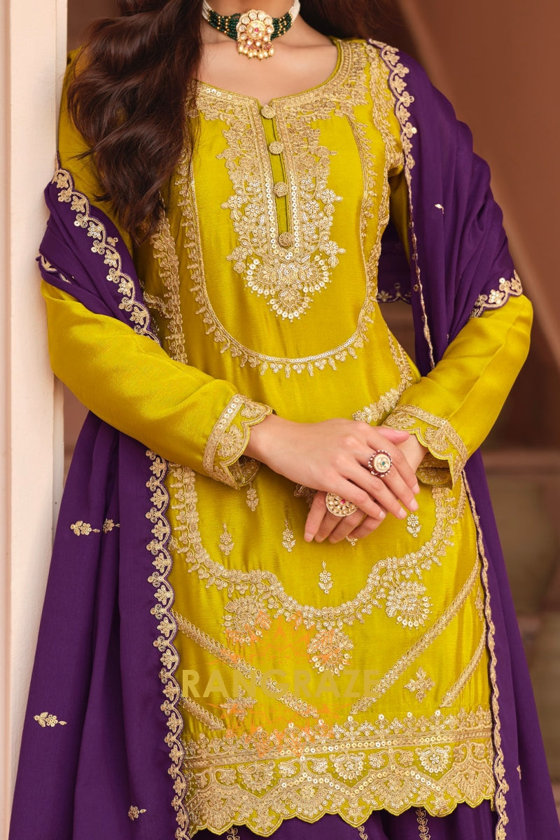 Royal Amber & Purple Pure Chinnon Suit Set with Hand Embroidery