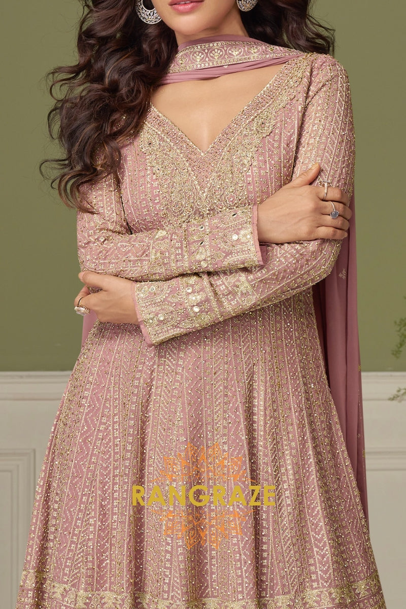 Blush Mauve Pure Georgette Hand Embroidered Sharara Suit Set