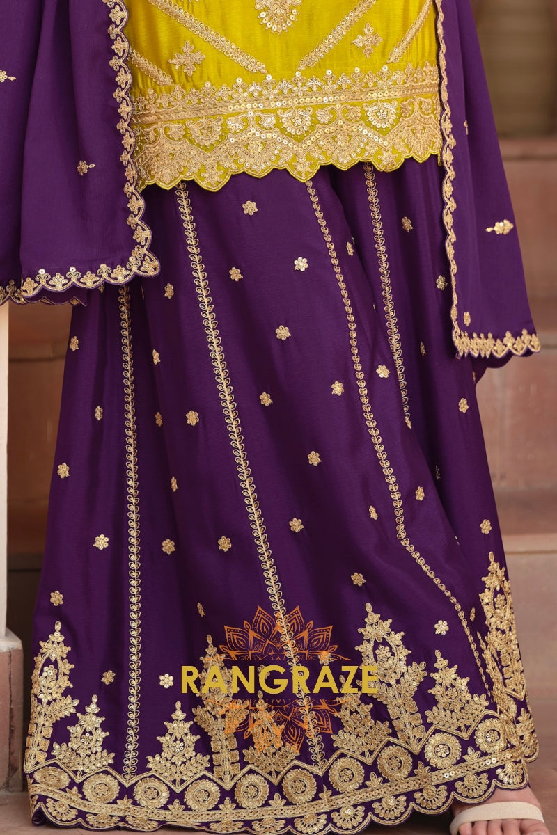 Royal Amber & Purple Pure Chinnon Suit Set with Hand Embroidery