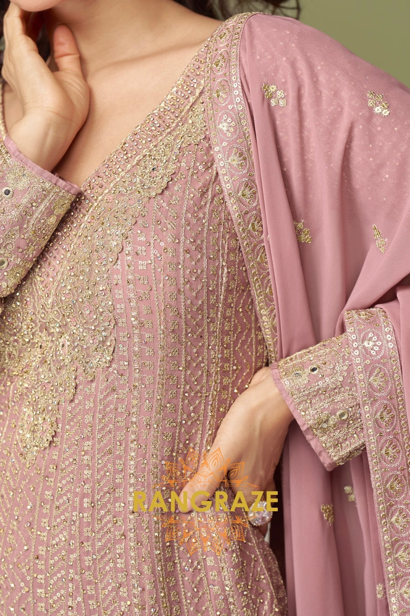 Blush Mauve Pure Georgette Hand Embroidered Sharara Suit Set