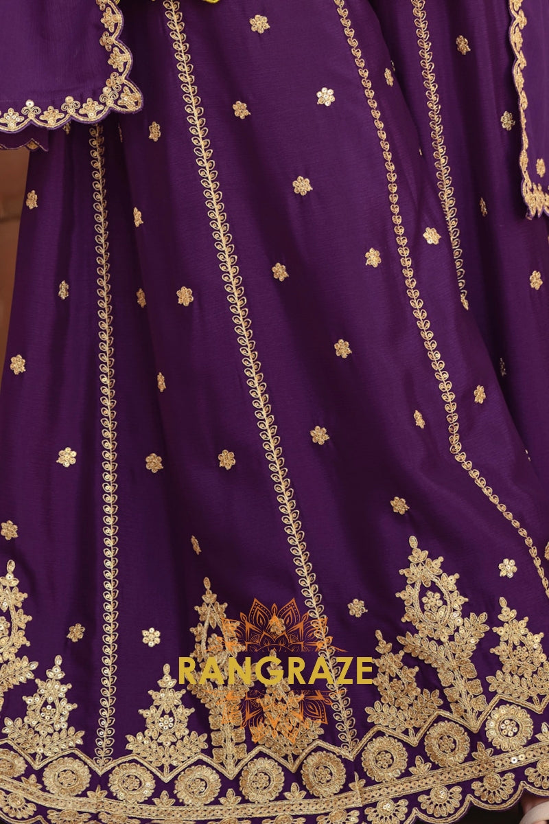 Royal Amber & Purple Pure Chinnon Suit Set with Hand Embroidery