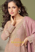 Blush Mauve Pure Georgette Hand Embroidered Sharara Suit Set