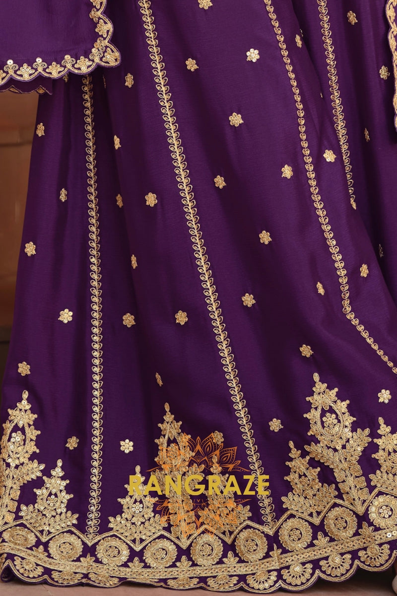 Royal Amber & Purple Pure Chinnon Suit Set with Hand Embroidery
