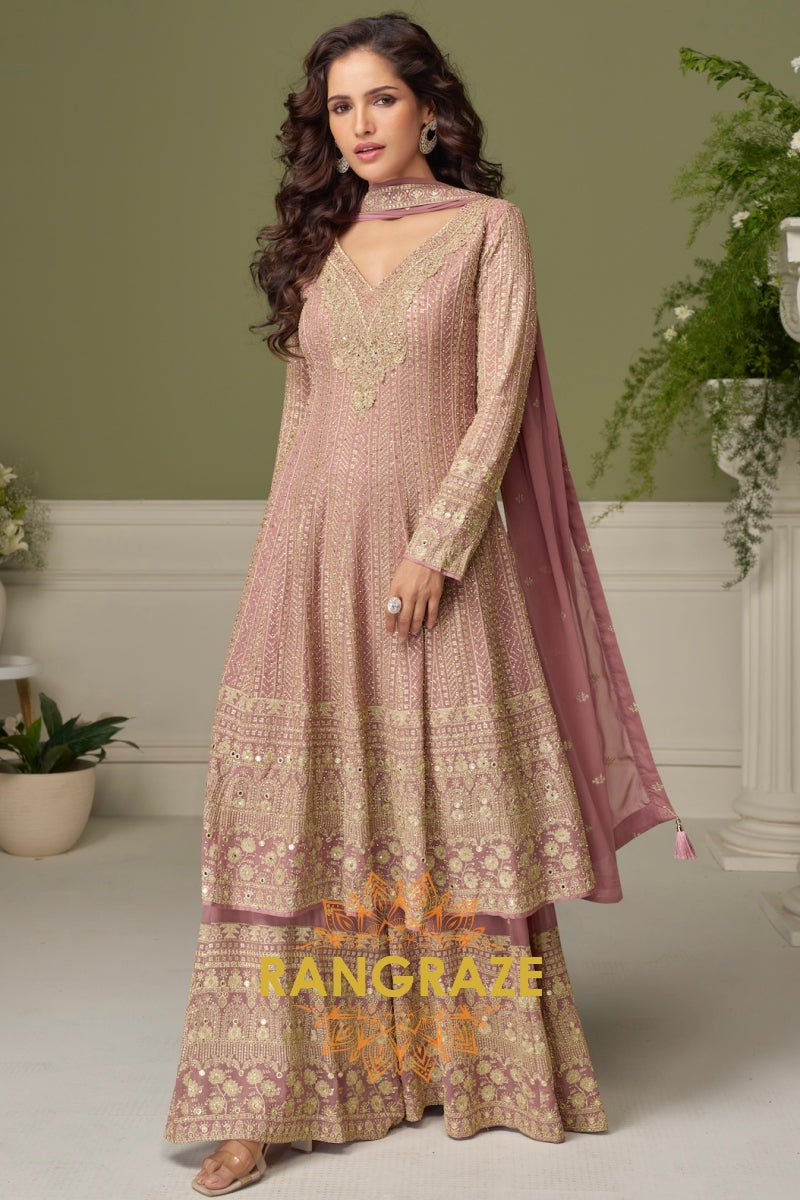 Blush Mauve Pure Georgette Hand Embroidered Sharara Suit Set