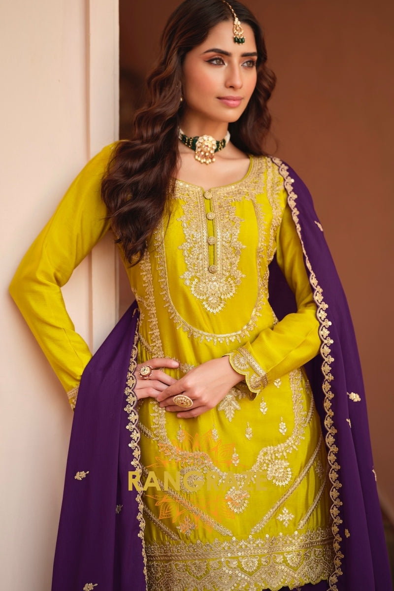 Royal Amber & Purple Pure Chinnon Suit Set with Hand Embroidery
