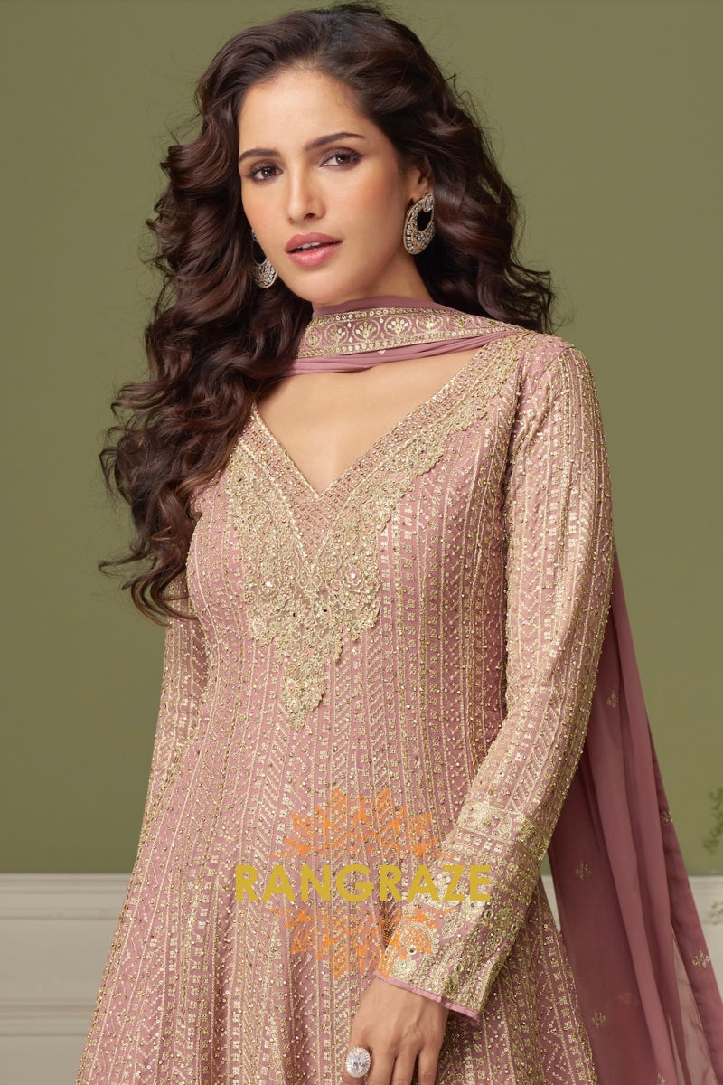 Blush Mauve Pure Georgette Hand Embroidered Sharara Suit Set