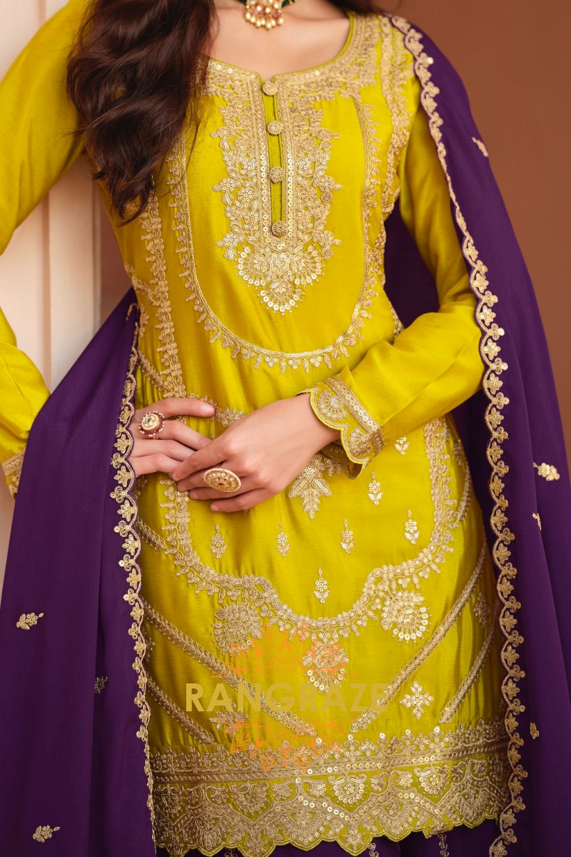 Royal Amber & Purple Pure Chinnon Suit Set with Hand Embroidery