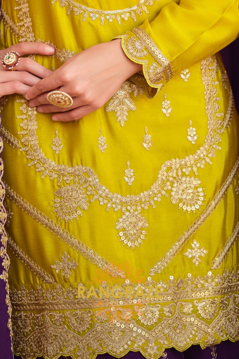 Royal Amber & Purple Pure Chinnon Suit Set with Hand Embroidery