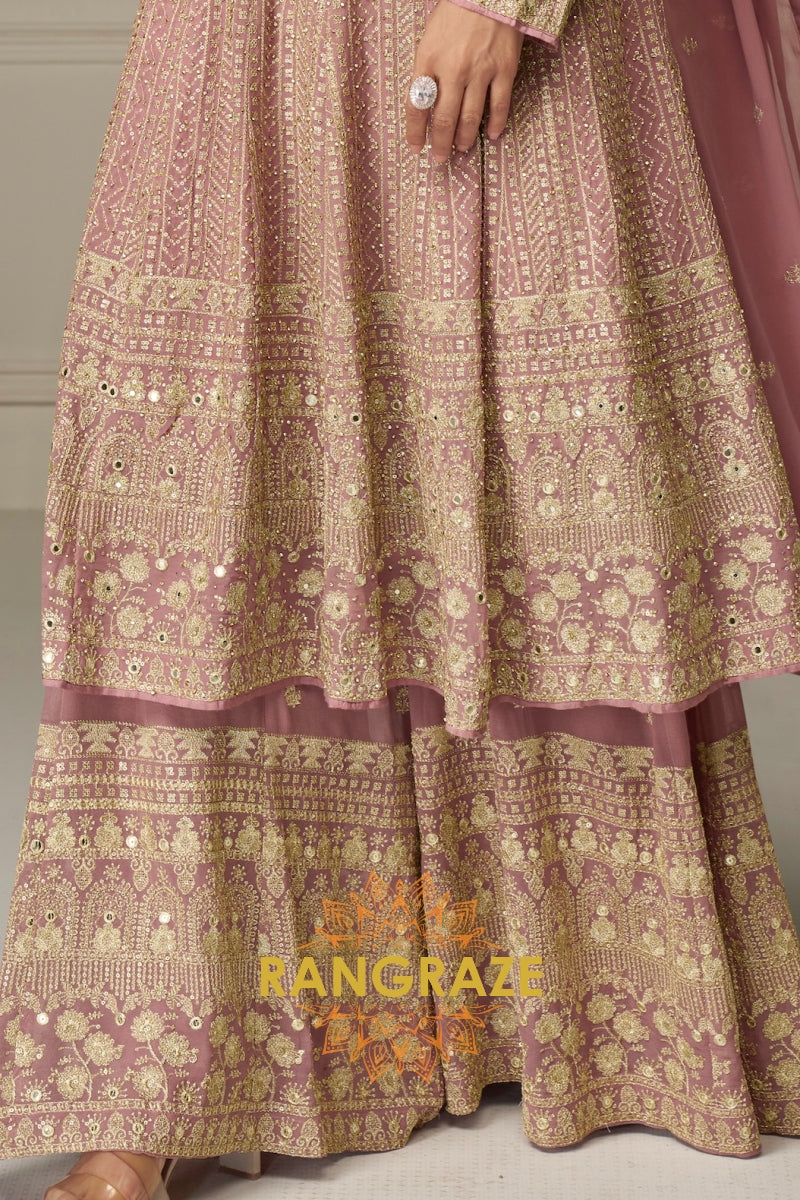 Blush Mauve Pure Georgette Hand Embroidered Sharara Suit Set